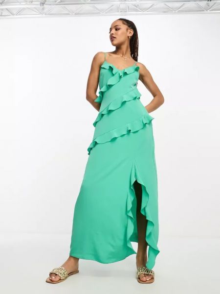 Атласное платье миди с рюшами New Look зеленое