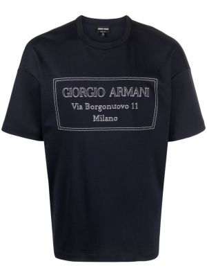 Tricou cu broderie din bumbac Giorgio Armani albastru