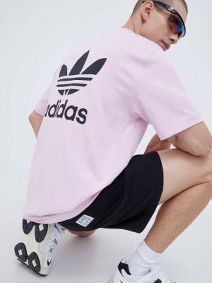 Памучна тениска с дълъг ръкав с апликация Adidas Originals розово