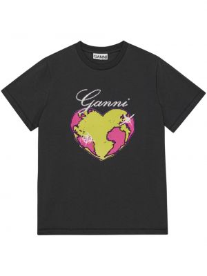 Bavlněné tričko s potiskem Ganni černé