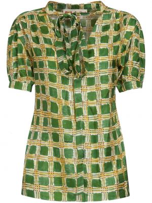 Svilena bluza s karirastim vzorcem s potiskom Marni