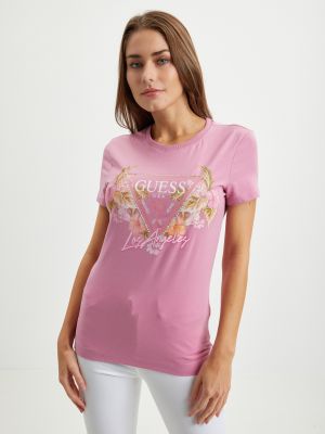 Gėlėtas marškinėliai slim fit Guess rožinė