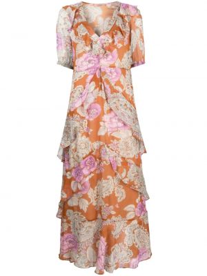 Φλοράλ μάξι φόρεμα με σχέδιο με βολάν Twinset πορτοκαλί
