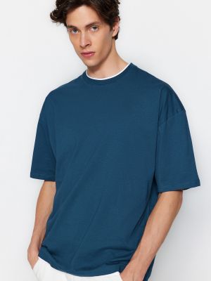Oversized rövid ujjú pamut alap póló Trendyol kék
