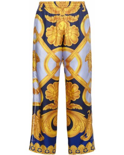 Jedwabne spodnie z nadrukiem Versace Underwear niebieskie