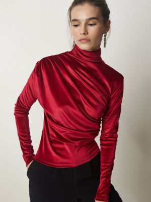 Кадифена блуза Happiness İstanbul червено