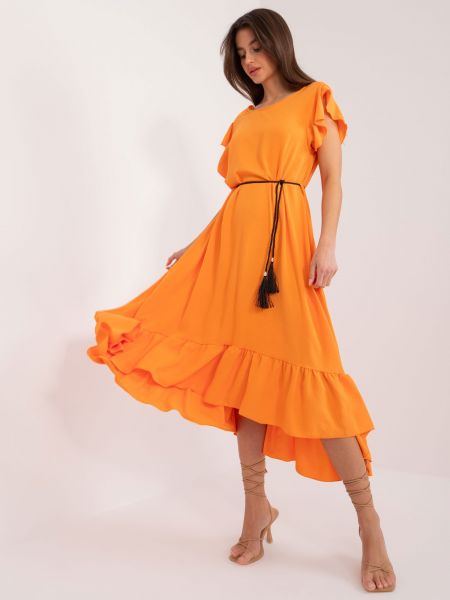 Asimetrična obleka z volani Fashionhunters oranžna