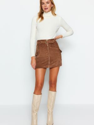 Mini suknja od samta s patentnim zatvaračem Trendyol smeđa