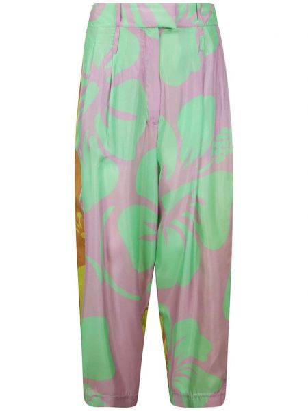 Květinové hedvábné kalhoty s potiskem Jejia růžové
