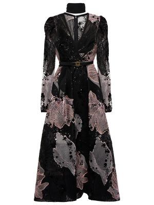Кружевное ажурное платье миди с завязками Elie Saab, черное