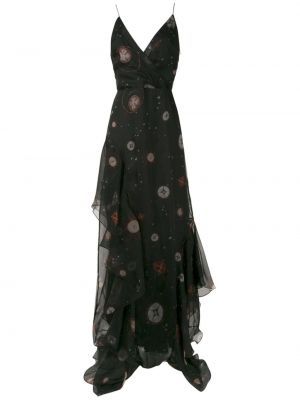 Hedvábné šaty s volány s potiskem s výstřihem do v Isolda - černá