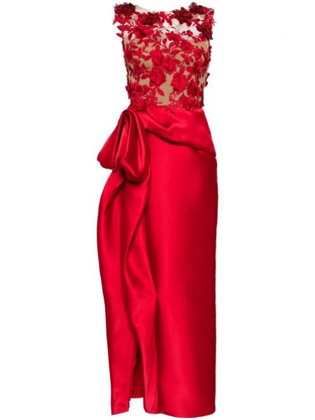 Rochie dreaptă de mătase cu model floral Marchesa roșu