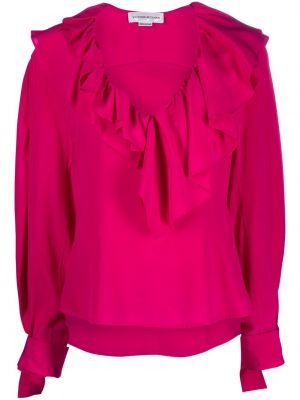 Копринена блуза с волани Victoria Beckham розово