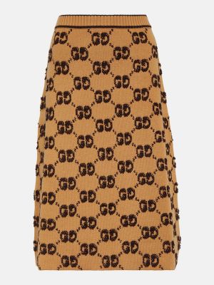 Brązowa spódnica midi wełniana żakardowa Gucci