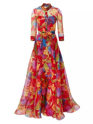 Шелковое платье-рубашка в цветочек с принтом Carolina Herrera красное