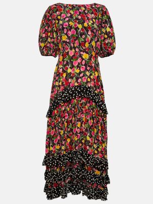 Fioletowa jedwabna sukienka midi w kwiatki Rixo