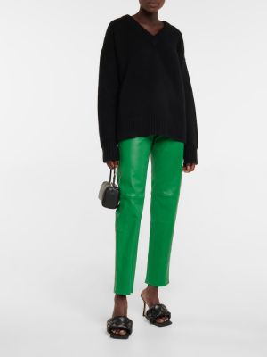 Kožené kalhoty s vysokým pasem Stouls zelené