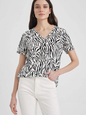 Majica z v-izrezom s kratkimi rokavi z zebra vzorcem Defacto siva