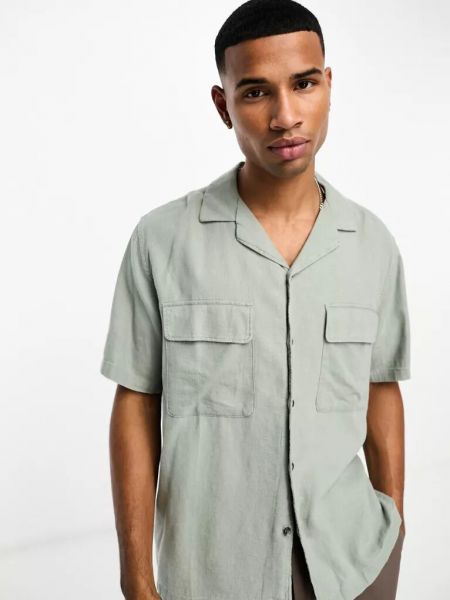 Льняная рубашка с коротким рукавом Abercrombie & Fitch зеленая