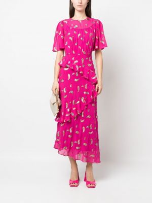 Robe mi-longue brodé en soie à imprimé Saloni rose