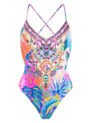 Abstrakter badeanzug mit print mit v-ausschnitt Camilla pink