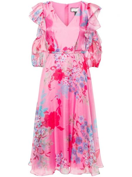 Květinové saténové midi šaty s potiskem Nissa růžové