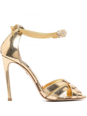 Krištáľové kožené sandále Roberto Cavalli zlatá