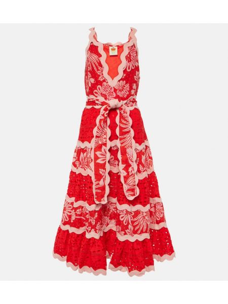 Rochie lunga cu broderie din bumbac cu model floral Farm Rio roșu