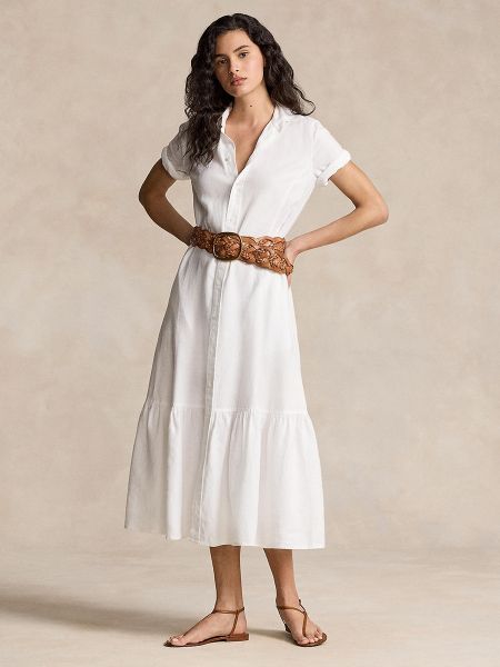 Vestido largo de lino manga corta Polo Ralph Lauren blanco