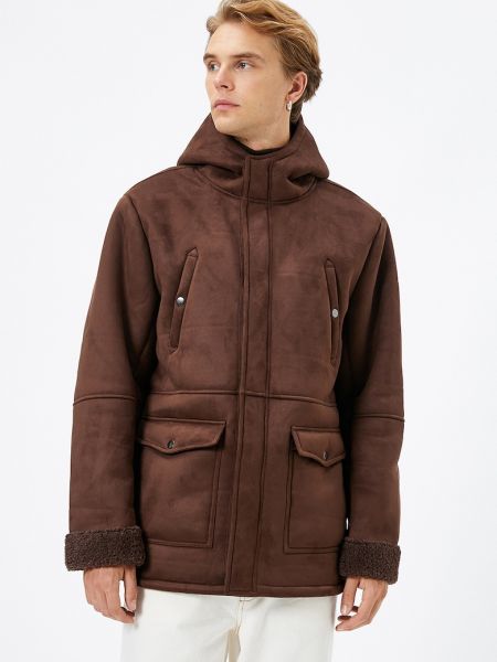Пальто с капюшоном с карманами Koton коричневое