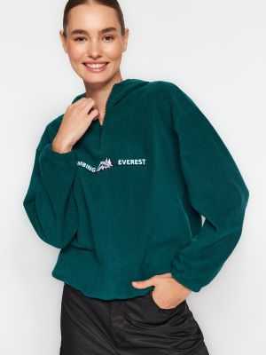 Dzianinowa haftowana bluza z kapturem polarowa Trendyol zielona