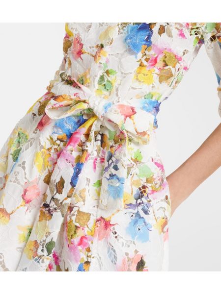 Svilena midi obleka s cvetličnim vzorcem s čipko Monique Lhuillier bela