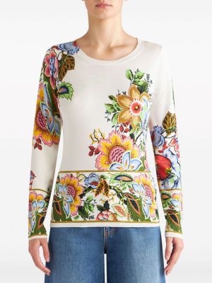Jedwabny sweter w kwiatki z nadrukiem Etro biały