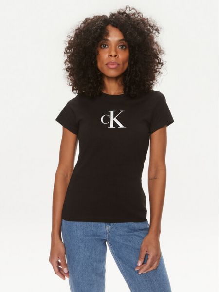 Marškinėliai satininis slim fit Calvin Klein Jeans juoda