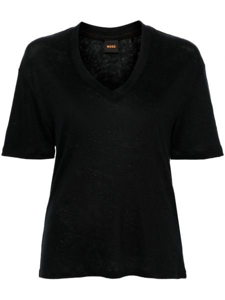 Λινή μπλούζα με λαιμόκοψη v Boss μαύρο