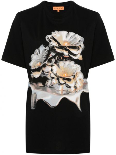 Kokvilnas t-krekls ar ziediem ar apdruku Stine Goya melns
