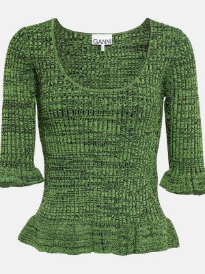 Suéter de punto con volantes de tela jersey Ganni verde