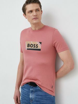 Памучна тениска с дълъг ръкав с принт Boss розово
