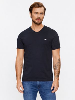 Slim fit tričko s výstřihem do v Gant černé