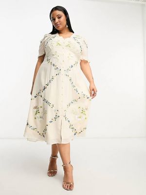 Кремовое платье миди с вышивкой на пуговицах Hope & Ivy Plus
