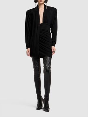 Asymetrické vlněné dlouhé šaty s dlouhými rukávy Saint Laurent černé