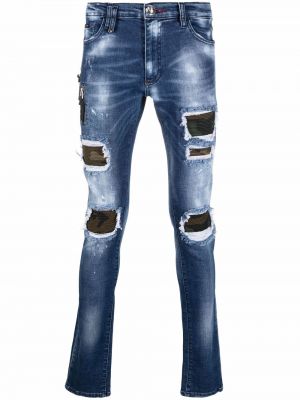 Batikované skinny džíny s oděrkami s potiskem Philipp Plein modré