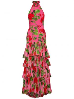 Sukienka koktajlowa w kwiatki z nadrukiem Oscar De La Renta różowa