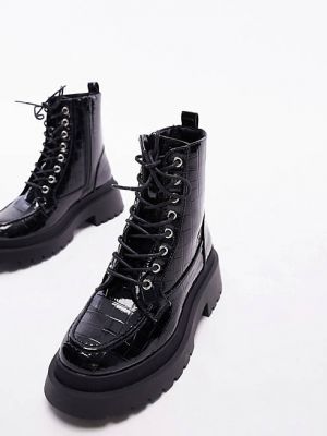 Черные массивные ботинки на шнуровке из кожи крокодила Topshop Kara