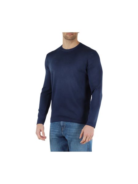 Sweter bawełniany z nadrukiem z okrągłym dekoltem Replay niebieski