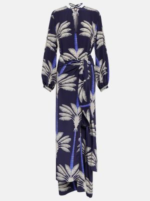Hedvábné dlouhé šaty s výšivkou s potiskem Johanna Ortiz modré