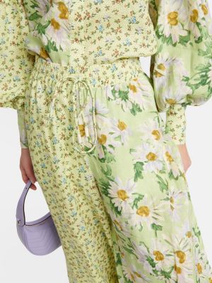 Květinové lněné kalhoty relaxed fit Alã©mais zelené