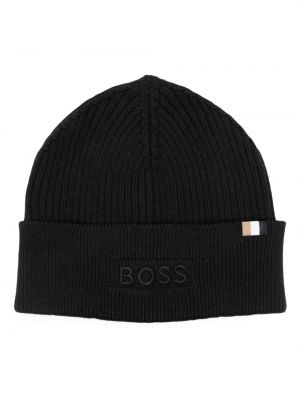 Bombažna volnena kapa z vezenjem Boss črna