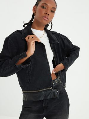 Kožená džínová bunda Trendyol černá