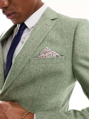 Зеленый пиджак приталенного кроя из смеси шерсти Harry Brown Wedding с узором «елочка»